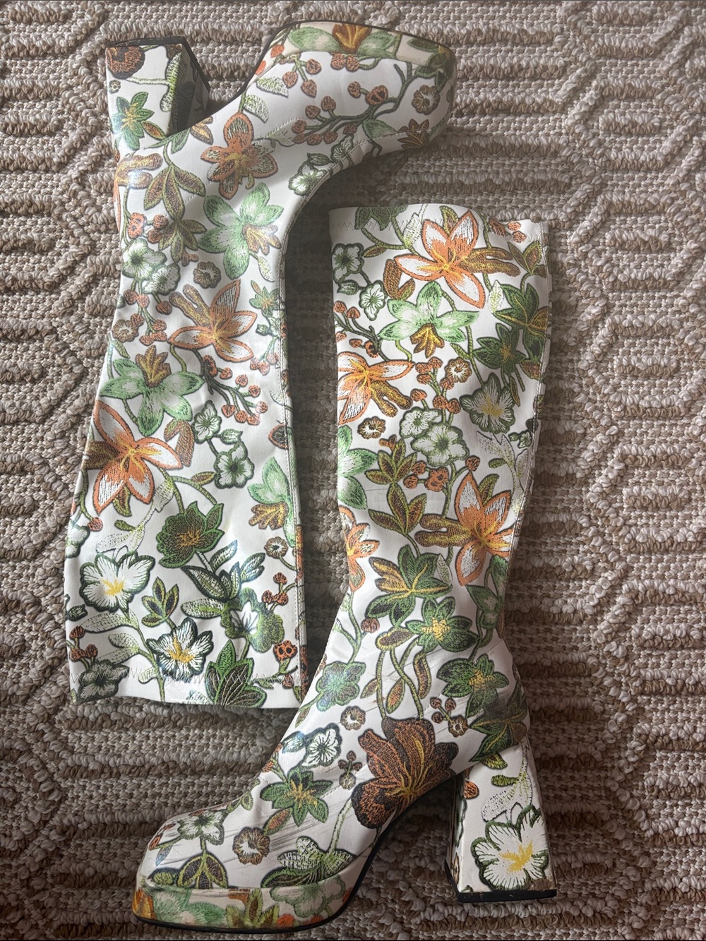 Floral Platform Knee-High Boots in White with Green & Orange Accents
